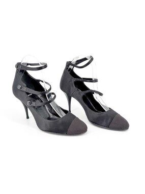 Chanel Cap Toe Ballet Mary Jane Pumps Heels Black Satin Size 39 US 8-8.5 Women’s